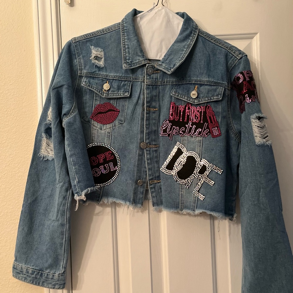 Custom crop distressed jean jacket